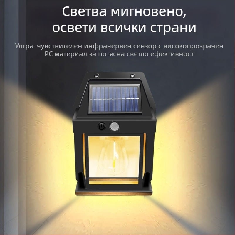 Соларен външен стенен светилник със волфрамова нишка LED, водоустойчив IP65, сензор за светлина, за двор и градина