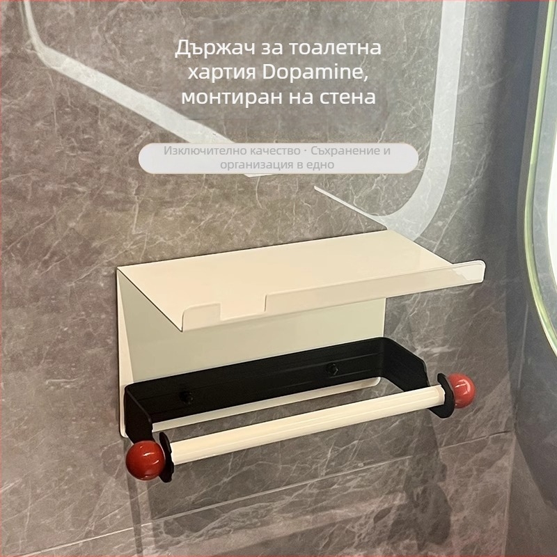 Стенен държач за ролки тоалетна хартия и отделение за кърпички, без пробиване, модерен квадратен дизайн за баня