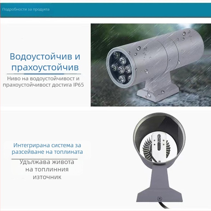 LED двуглав външен стенен светилник, водоустойчив, 12W, светене нагоре-надолу, за входна колона, балкон и двор