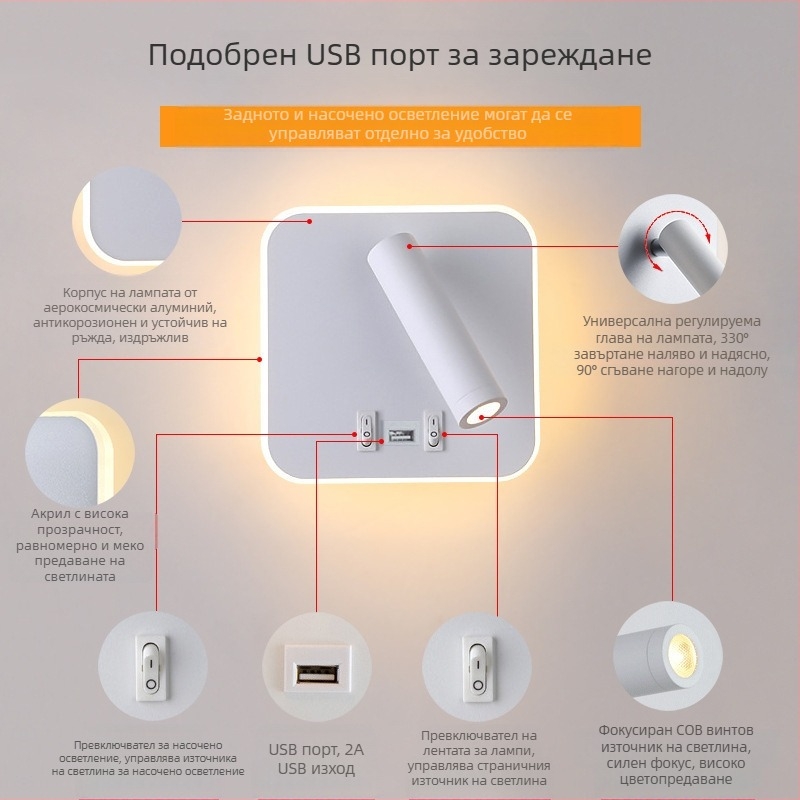 Стенна лампа с USB зареждане — минималистичен скандинавски стил за дом и хотел, за четене в спалнята