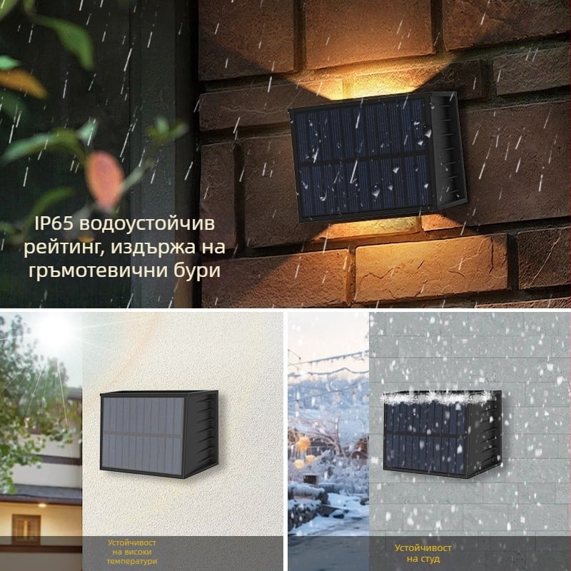 Соларен стенен LED светлинник с регулируемо осветяване нагоре-надолу, RGB за външен двор и ограда.
