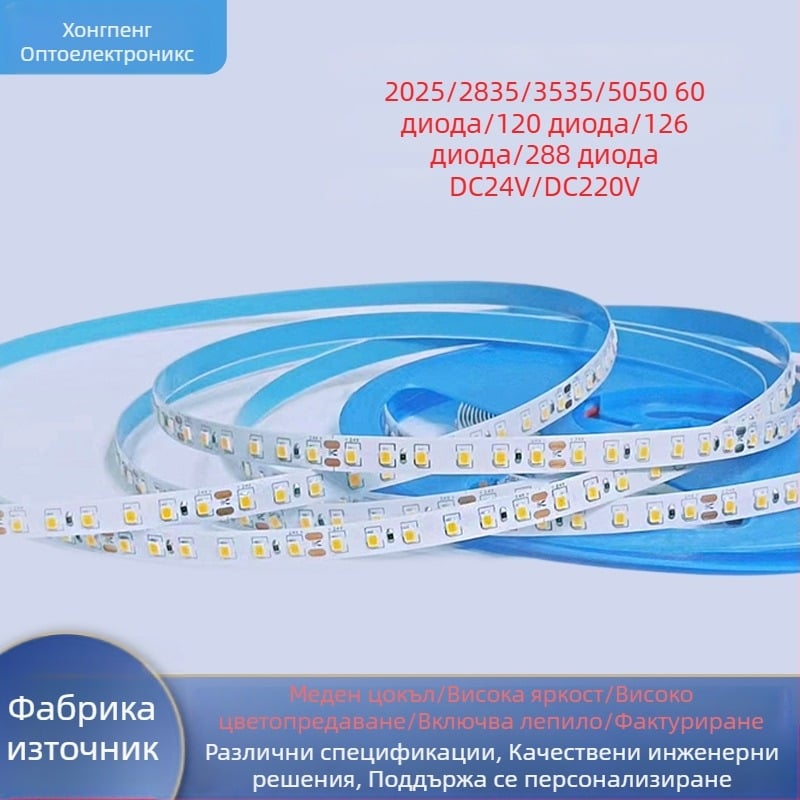 LED лента с гола платка, 2835, висока яркост, 12V/220V, самозалепващ алуминиев канал за вътрешно осветление