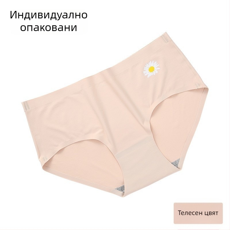 Безшевни дамски долнища от ледена коприна, средно висока талия, принт маргаритки, триъгълни бикини, момичешки стил