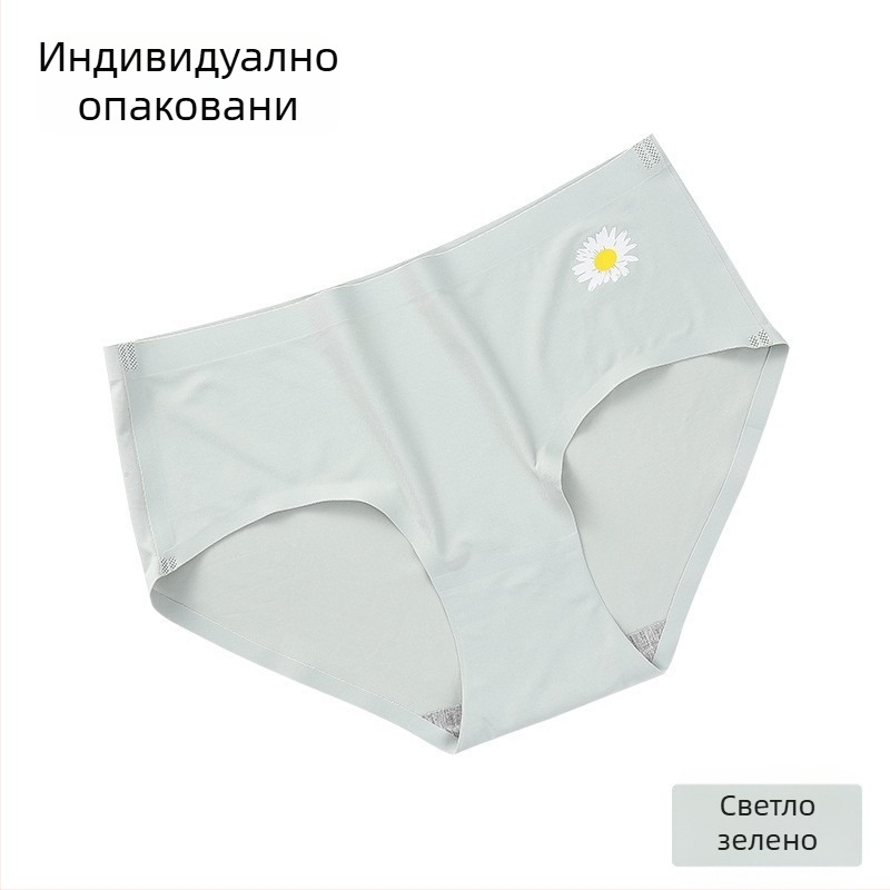 Безшевни дамски долнища от ледена коприна, средно висока талия, принт маргаритки, триъгълни бикини, момичешки стил