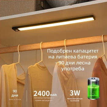 Ултра тънка LED лента с датчик за движение, интелигентна, самозалепваща, презареждаща се, за шкафове, витрини и гардероби, с регулируема яркост