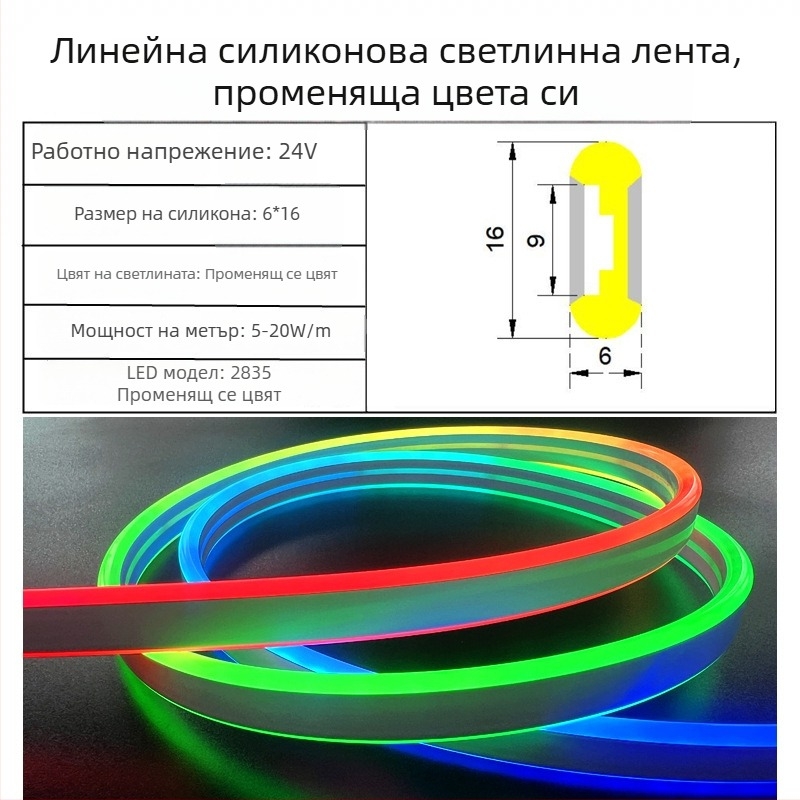LED силиконова неонова лента 24V, двустранно осветление, външна употреба, 120 LED 5050