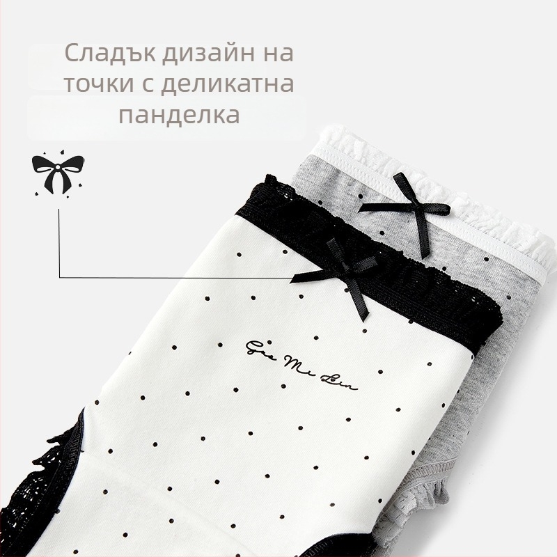 Памучни бикини с панделка, принт на точки, средна талия, памучна чатална подплата, дантелен кант, дишащи за момичета