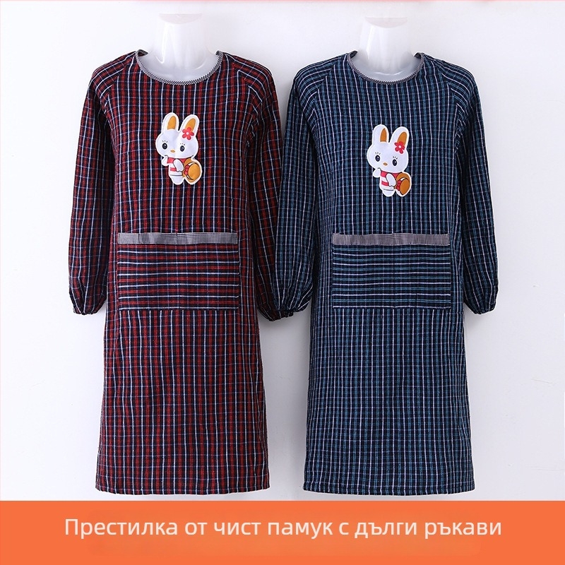 Престилка‑смок с дълги ръкави, кръгло деколте, удължена дължина, голям джоб, полиестер‑памук, карикатурен принт, за възрастни