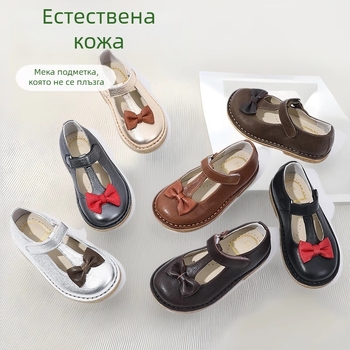 Детски кожени обувки с панделка за момичета, балеринки с липучка, корейски стил