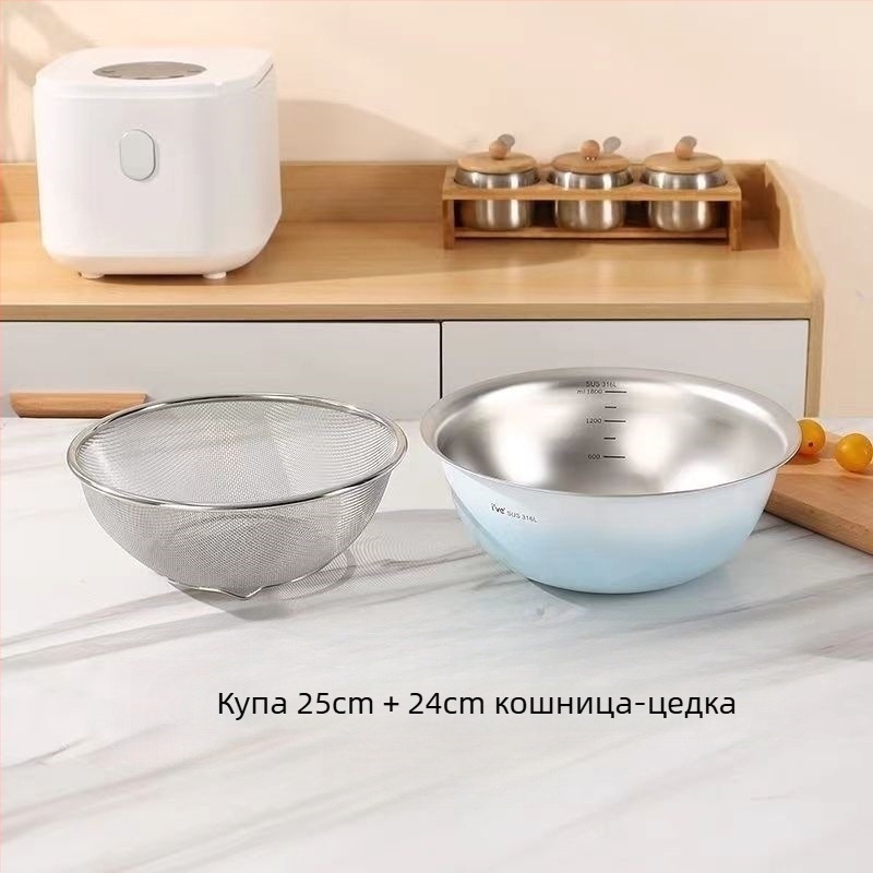 Градиентно оцветен басейн за измиване на зеленчуци с отцеждащ кош, хранително качество неръждаема стомана, мултифункционален кухненски инструмент за измиване на ориз и плодове