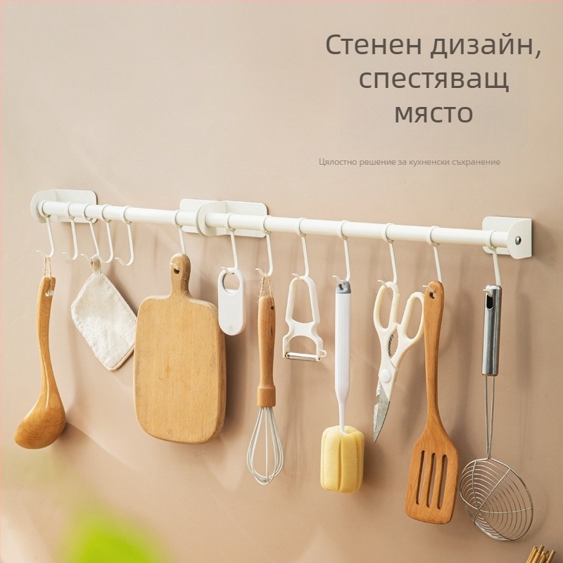 Без пробиване кухненска закачалка за стена – органайзер за прибори с държач за лъжици и шпатули, неръждаема стомана, черно‑бяло, 1 ниво, товар до 10 кг