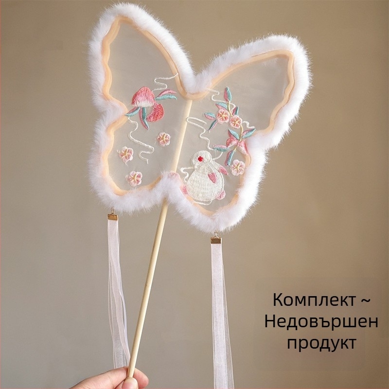 Бродиран кръгъл фен, китайски стил за есен-зима, плюшена украса, ханфу вдъхновен грим и костюм, реквизит за фотосесия и представления, ушички на зайче и пеперуда