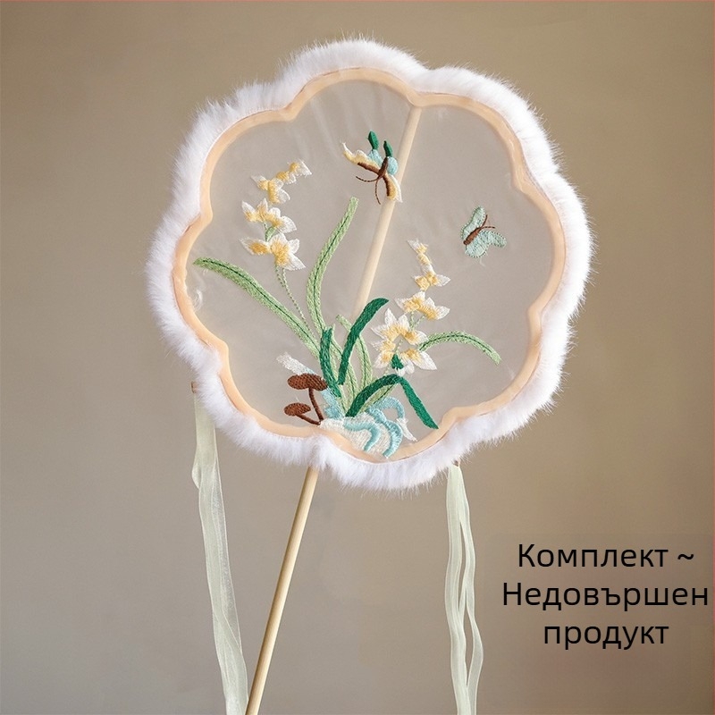 Бродиран кръгъл фен, китайски стил за есен-зима, плюшена украса, ханфу вдъхновен грим и костюм, реквизит за фотосесия и представления, ушички на зайче и пеперуда