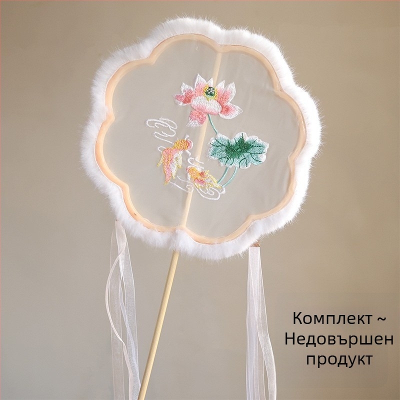 Бродиран кръгъл фен, китайски стил за есен-зима, плюшена украса, ханфу вдъхновен грим и костюм, реквизит за фотосесия и представления, ушички на зайче и пеперуда