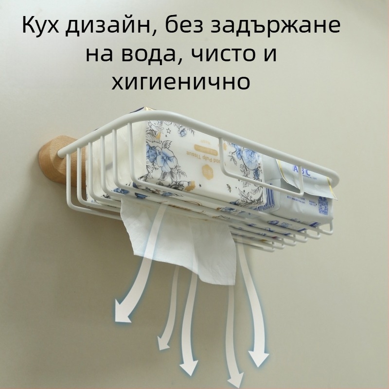 Бук дървен банен организатор, стенен държач за тоалетна хартия и кутия за салфетки, без пробиване
