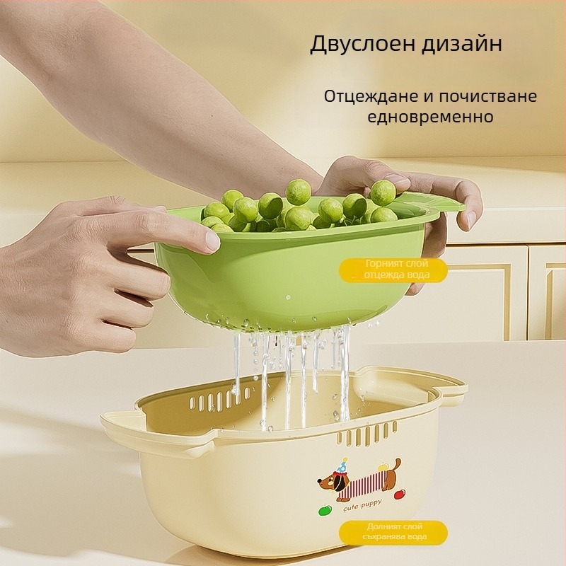 Двупластова кошница за отцеждане, синя, карикатурен плоден мотив, многофункционална PP кошница