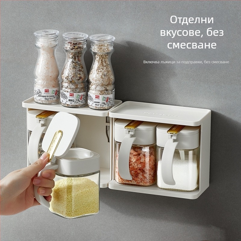 Стъклена кутия за подправки с лъжичка – солник и съдове за подправки за кухнята