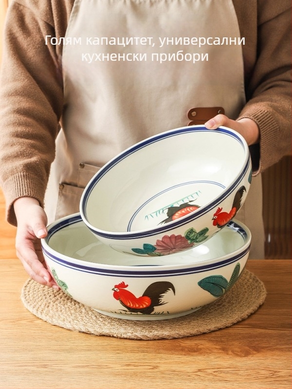 Порцеланова купа с мотив петел, ретро стил, голяма кръгла купа за домашна употреба; подходяща за рибена супа с кисело зеле и ястия с раци