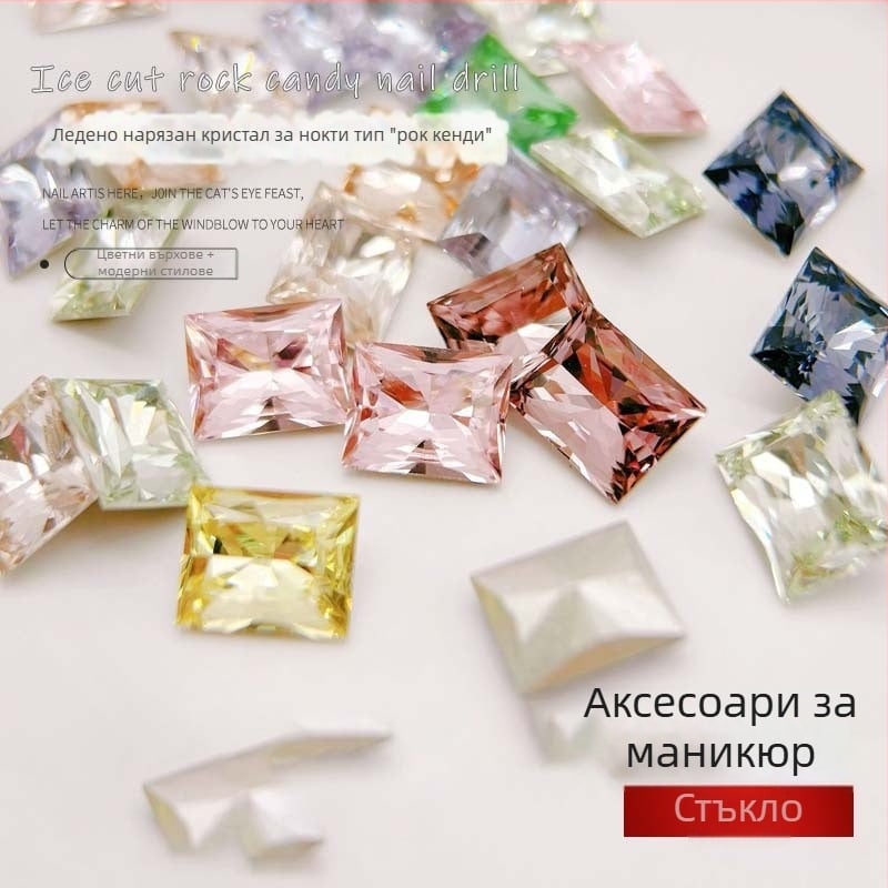 Цирконови украси за нокти с изключително блестящи кристали, заострено дъно, дизайн ледено цвете, прав ъгъл при рязане, бял кристал, неравни форми за нокти