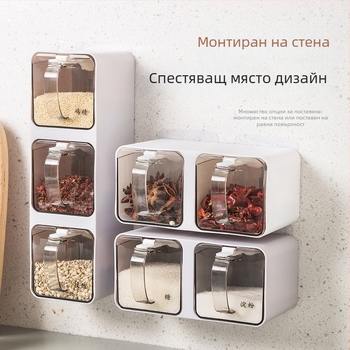 Стенен комплект буркани за подправки с множество отделения: сол, MSG, пипер и други подправки