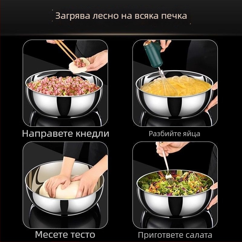 Купа от неръждаема стомана с капак, хранителен клас, кръгла купа за тесто и яйца за домашна употреба