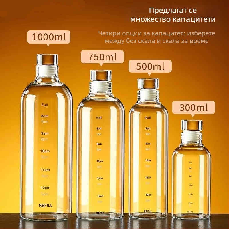 Високоборосиликатна стъклена бутилка за напитки — запечатана, за алкохол и чайно масло, хранително качество, обеми 300/500/750/1000 ml