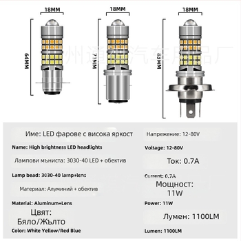 Фар за автомобили и мотори H4 BA20D P15D, четири цвята, малка цветна леща, LED прожектор с висока яркост