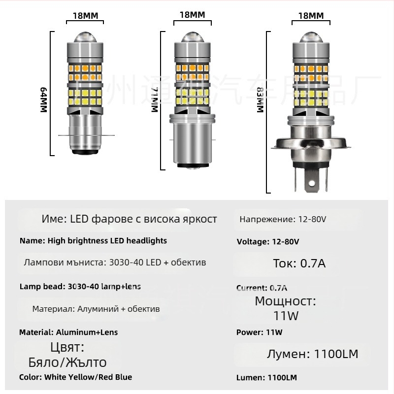 Фар за автомобили и мотори H4 BA20D P15D, четири цвята, малка цветна леща, LED прожектор с висока яркост
