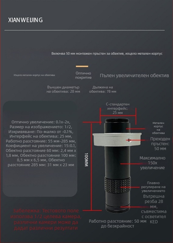 Лупа за визуално наблюдение, микроскопска леща с висококачествен зум, 100x увеличение, работно разстояние 300 мм