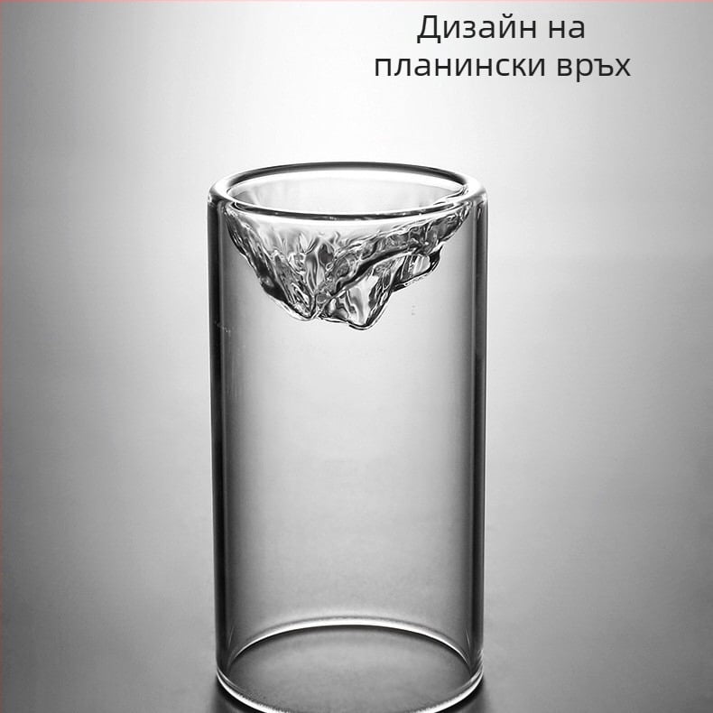Стъклена чаша за чай с капак и дръжка, термоустойчива, прозрачен дизайн, мотив планини Фуджі