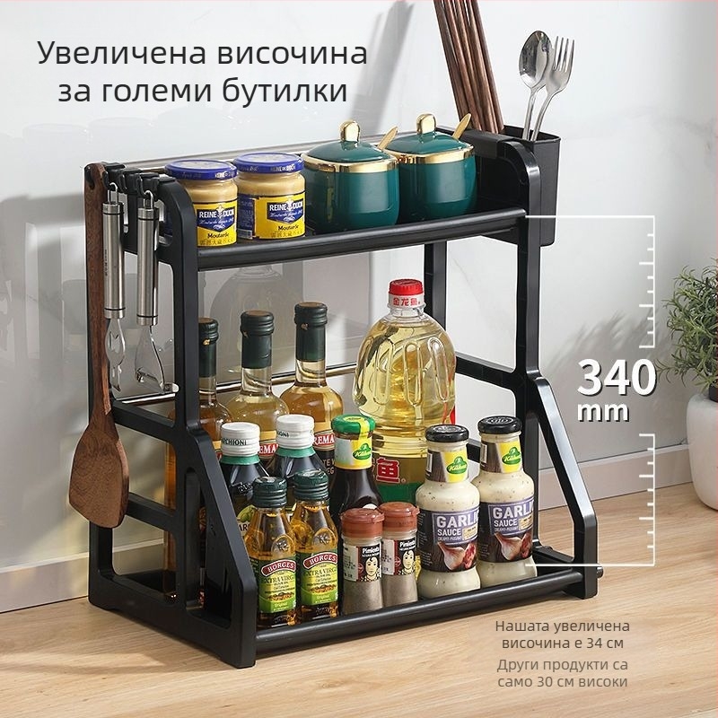 Кухненски рафт за съхранение и подправки, кутия за подправки, държач за ножове без пробиване, поставка за пръчки за хранене на плота, кухненски прибори, многослоен рафт за съхранение