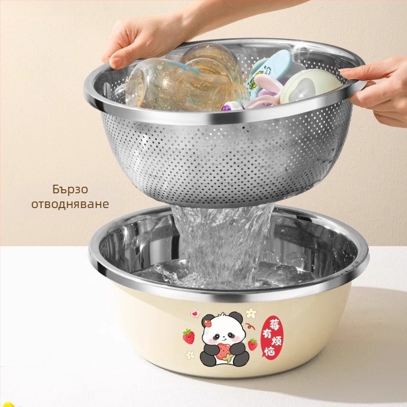 Стоманен изключително дебел дренажен кош за миене на бебешки шишета, плодове и зеленчуци, измиване на ориз, цедка и съд за омесване на тесто