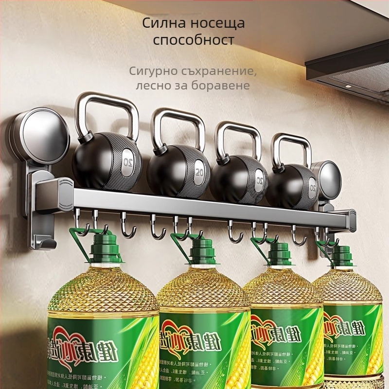 Кухненски органайзер с присоски, монтаж без пробиване, държач за ножове, стойка за капаци и лъжици; алуминиева конструкция, анодизирано покритие, графитно-сив цвят, капацитет 10–15 кг