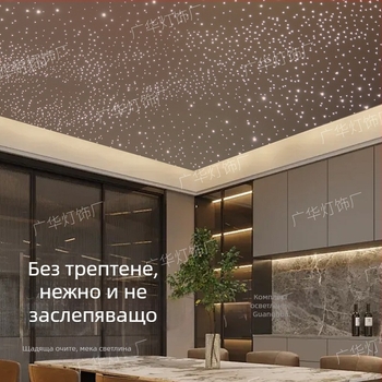 Гипсокартонен таван със звездно небе и оптично LED осветление за всекидневна, спалня и медийна зала
