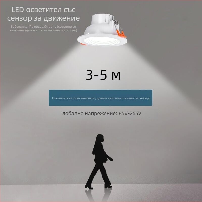 LED downlight с радарен сензор за движение и контрол на светлината за коридори и стълбища