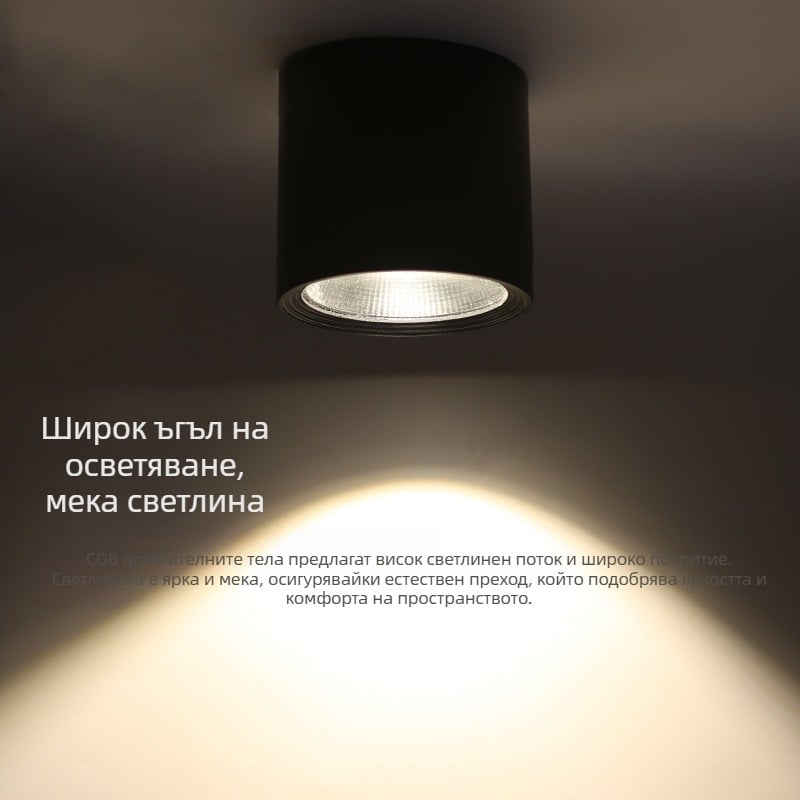 Водоустойчив външен LED downlight за повърхностно монтиране, кръгъл алуминиев корпус, COB LED, 3000K топло бял, размери 100×110 мм
