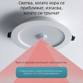 Вграден LED downlight с гласов контрол, сензор за звук и светлина и инфрачервен детектор за движение за коридори