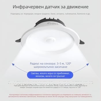 Вграден LED downlight с гласов контрол, сензор за звук и светлина и инфрачервен детектор за движение за коридори
