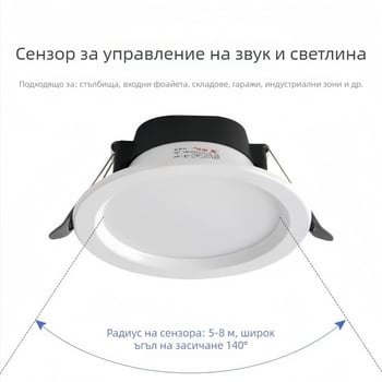 Вграден LED downlight с гласов контрол, сензор за звук и светлина и инфрачервен детектор за движение за коридори