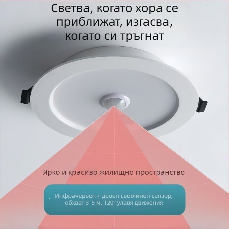 Вграден LED downlight с гласов контрол, сензор за звук и светлина и инфрачервен детектор за движение за коридори