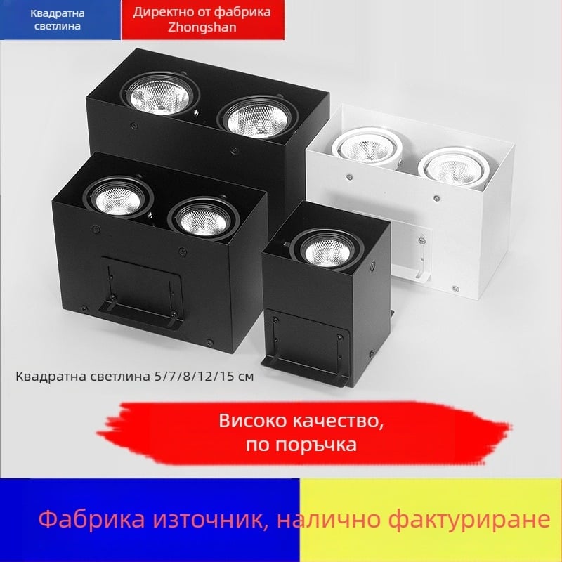 Квадратен LED прожектор със таванна решетка, за търговски помещения, с единична или двойна глава, COB източник, повърхностен монтаж