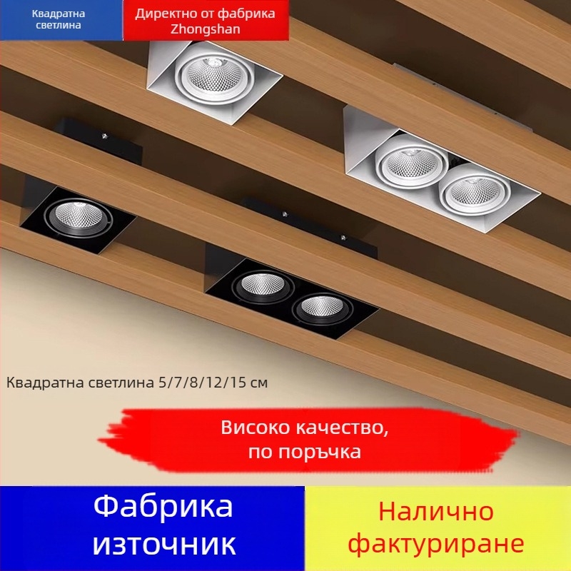 Квадратен LED прожектор със таванна решетка, за търговски помещения, с единична или двойна глава, COB източник, повърхностен монтаж