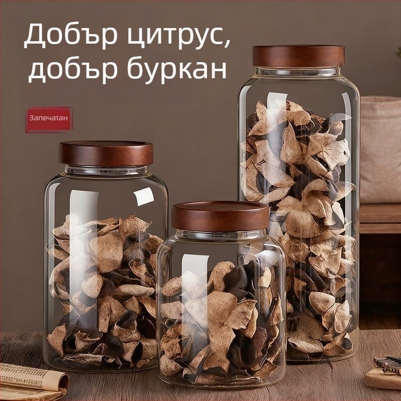 Специализиран стъклен буркан за сушена мандаринова кора, голям капацитет, запечатан, хранителен клас
