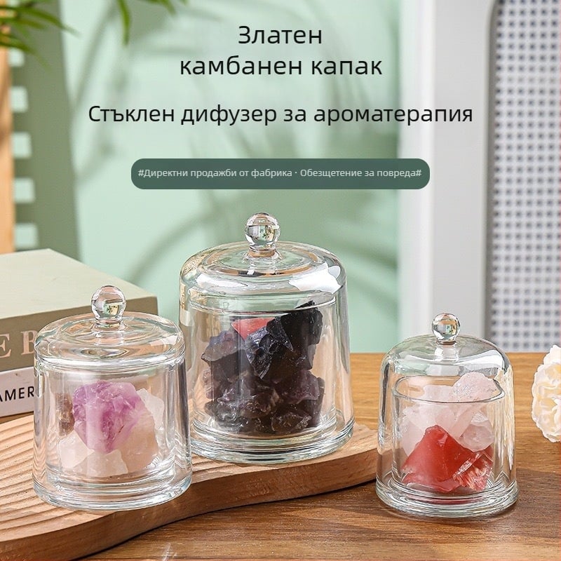 Стъклен държач за ароматна свещ с капак, без пламък, дифузьор с кристални камъни, декоративна стъклена чашка