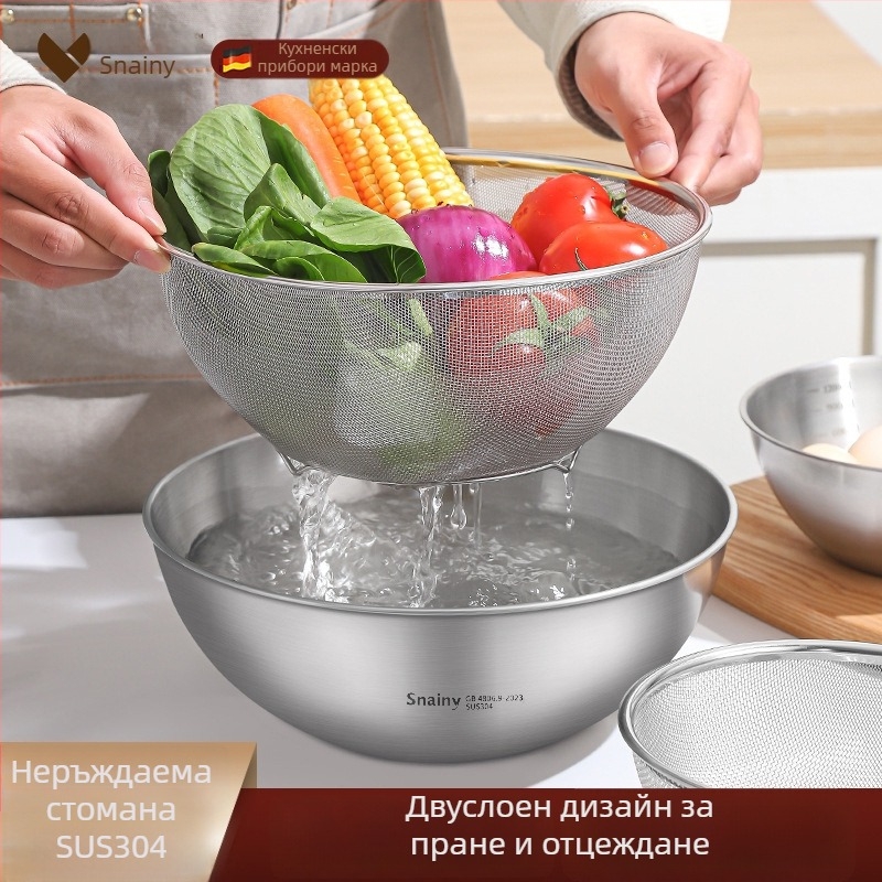 304 неръждаема стомана: дренажна кухненска купа с измервателна скала, многофункционална за месене, разбиване на яйца и смесване/печене – японски стил