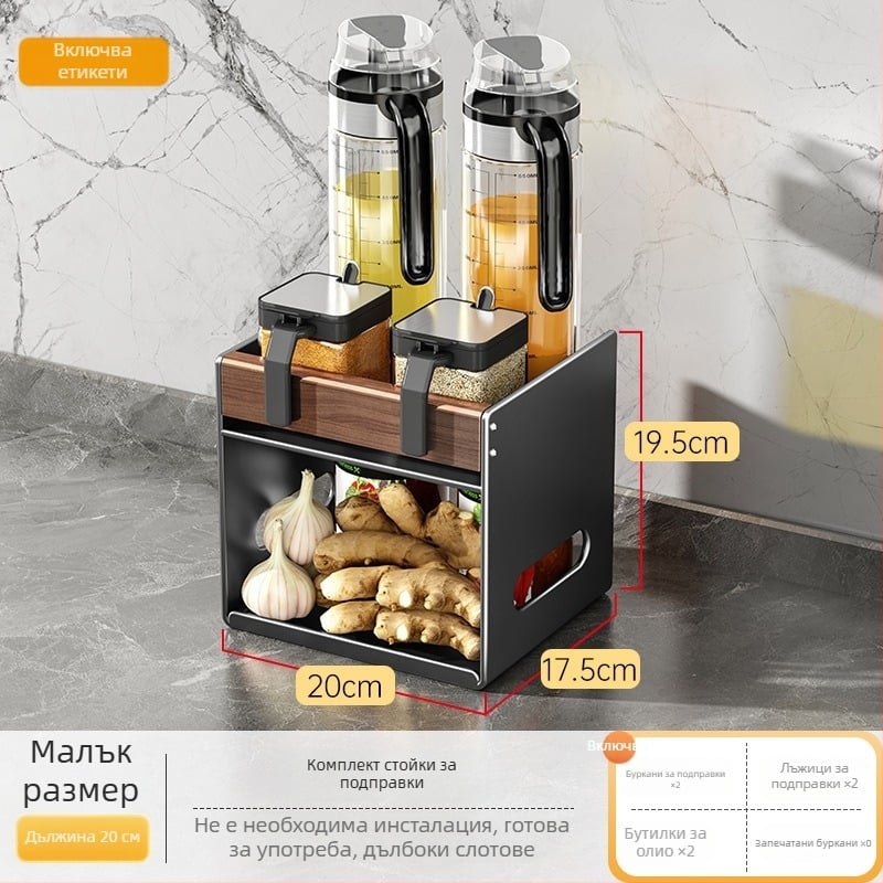 Кухненски рафт за подправки за ъгъл на плота – органайзер за буркан със сол, бутилка за олио, съдове за сос и оцет и капаци
