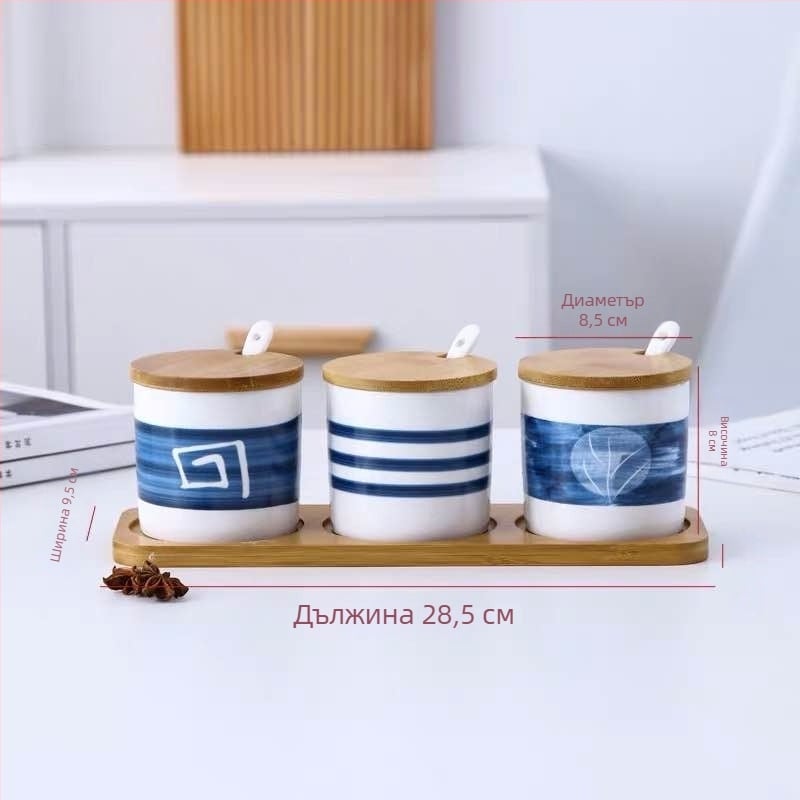 Керамичен комплект съдове за подправки с кухненски стелаж