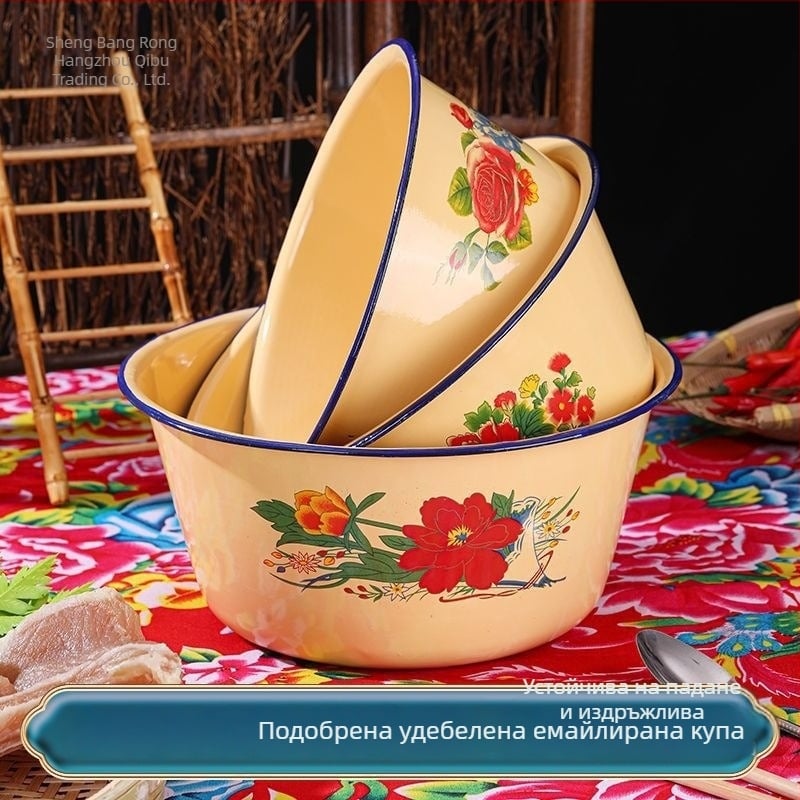 Старомоден емайлиран съд с капак, хранителен клас, удебелен, за месене на тесто, разбъркване на плънки и измиване на зеленчуци
