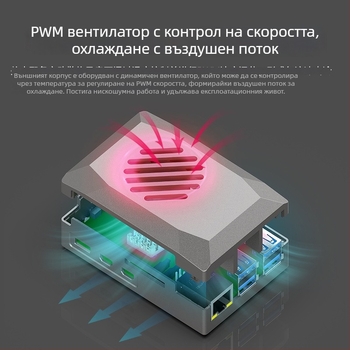 Калъф за Raspberry Pi 5 от ABS със защитен корпус, PWM вентилатор за охлаждане и регулируема скорост, пластмаса имитираща алуминиева сплав