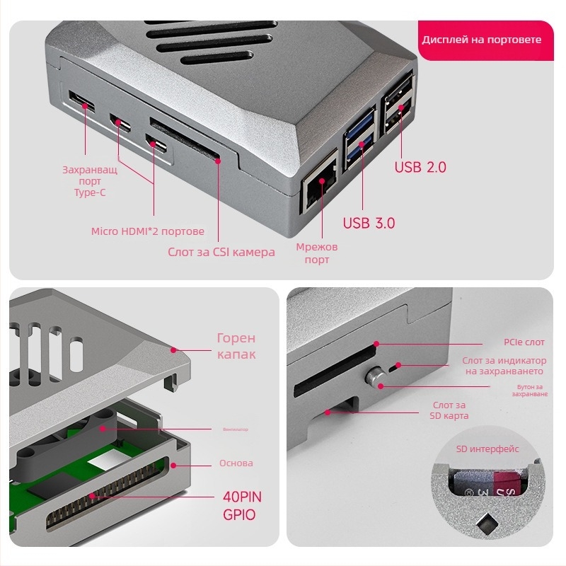 Калъф за Raspberry Pi 5 от ABS със защитен корпус, PWM вентилатор за охлаждане и регулируема скорост, пластмаса имитираща алуминиева сплав
